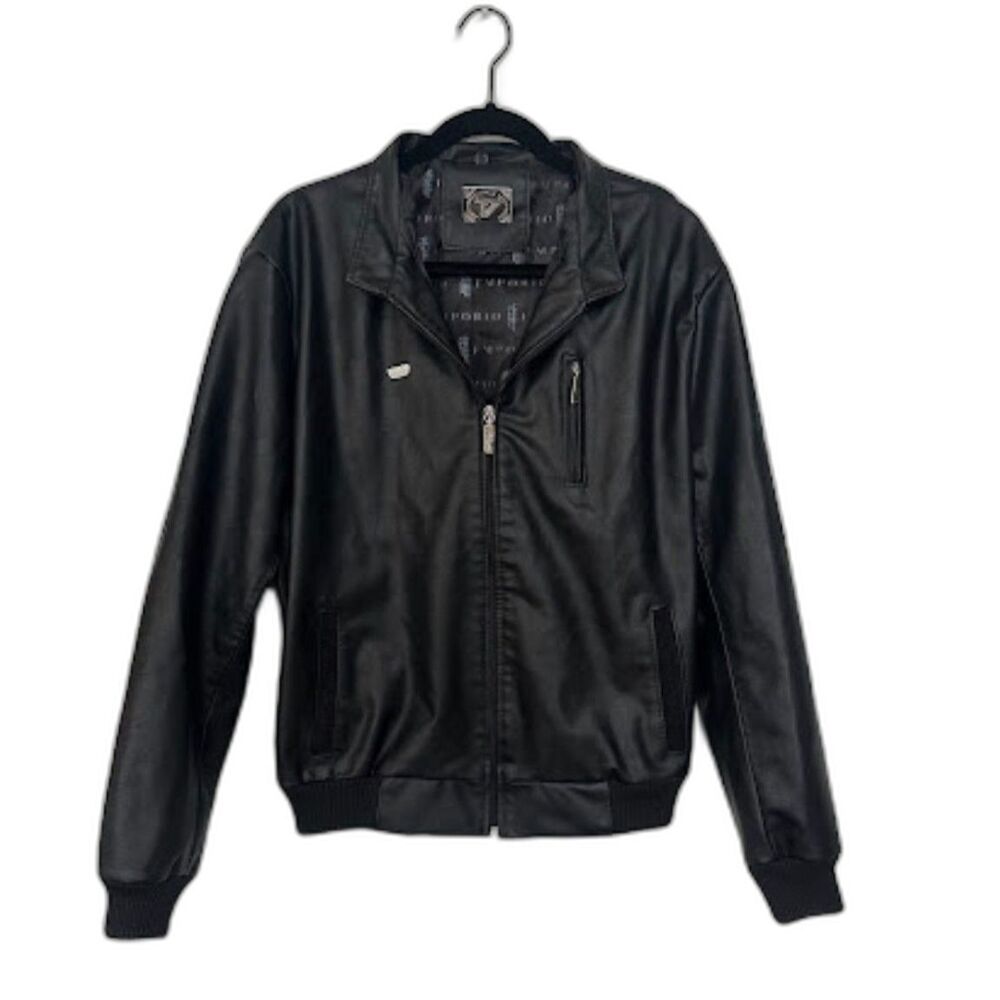Emporio Italy Black Leather Bomber biker Jacket Moto Ribbed Cuffs Suede Trim